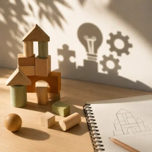 Wooden building blocks arranged into creative structures with shadow illustrations representing problem-solving, imagination, and early childhood learning.