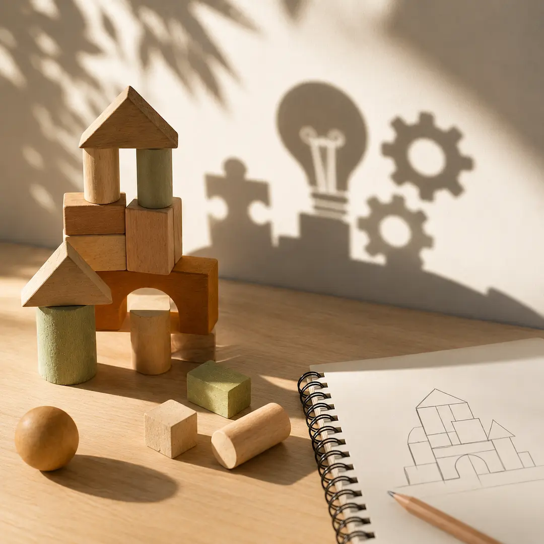 Wooden building blocks arranged into creative structures with shadow illustrations representing problem-solving, imagination, and early childhood learning.