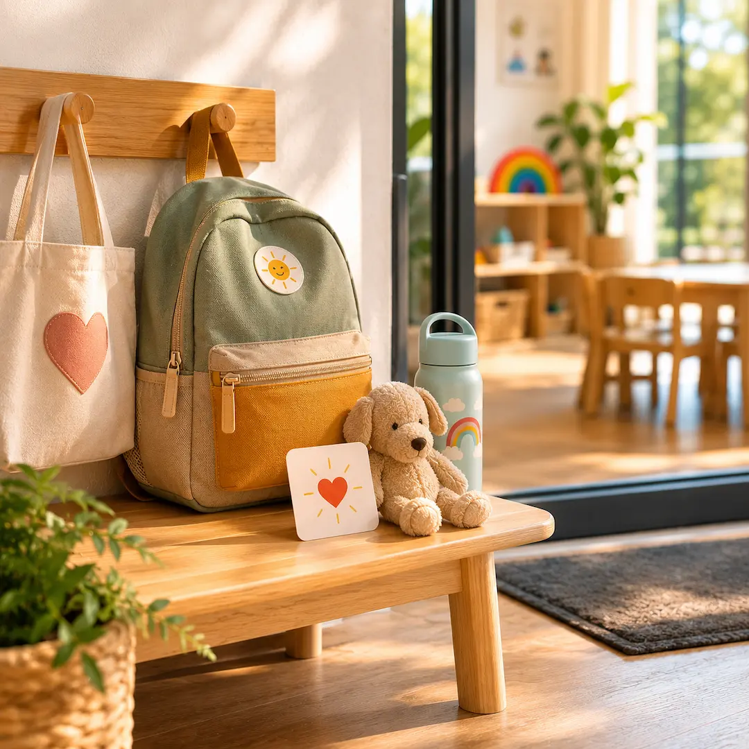 Childcare entry area with backpack, comfort toy, water bottle, and emotional support card creating a welcoming environment for new children