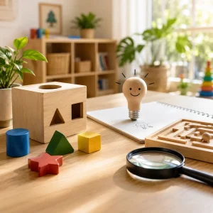 Educational problem-solving setup with shape sorter, maze puzzle, magnifying glass, and learning materials supporting critical thinking development.