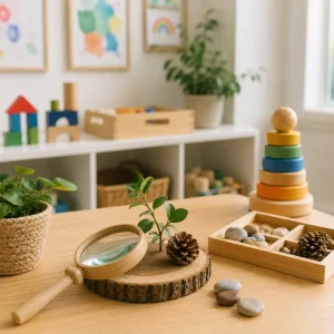 Nature-inspired learning table with magnifying glass, plant cutting, natural materials, and educational toys encouraging curiosity and exploration.