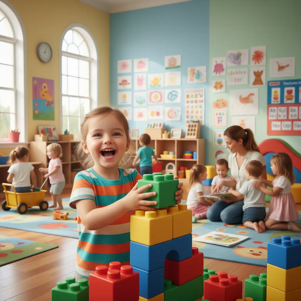 The image of a happy child playing with building blocks in a cheerful daycare setting has been created and added to your canvas. Let me know if there's anything else you'd like to create or adjust!