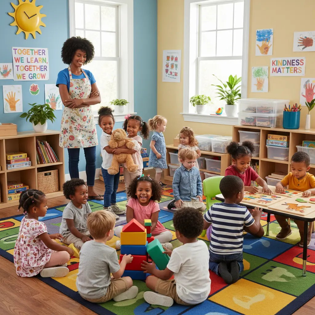 Happy children playing and sharing toys in a colorful, organized daycare, with a teacher observing in the background.








