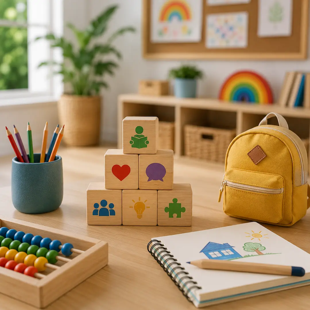 Early learning setup with educational blocks, counting beads, drawing materials, and a backpack, highlighting how play-based activities build school readiness skills in young children.