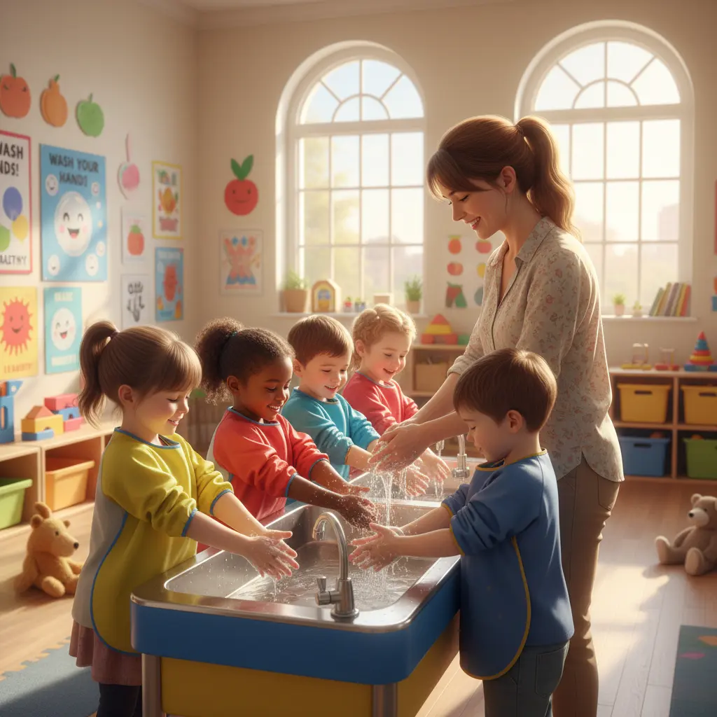 Children washing hands at a sink in a bright daycare, guided by a teacher, with hygiene posters on the walls.







