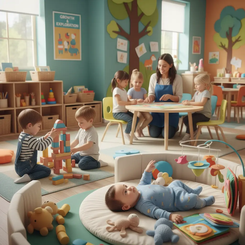 A childcare center showcasing an infant in a sensory play area, a toddler engaging in parallel play, and preschoolers participating in a group activity in a colorful, nurturing environment.
