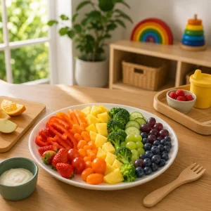 Colourful platter of fresh fruits and vegetables arranged in rainbow order to promote healthy eating habits in early childhood settings.