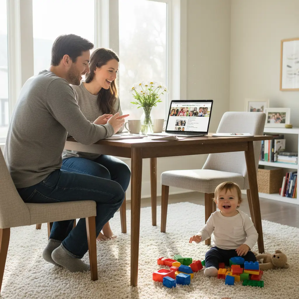 A family reviewing childcare options on a laptop at a dining table, with a toddler playing in the background in a warm, naturally lit setting.