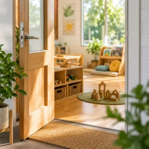 Warm and inviting childcare centre entrance leading into a bright learning space with educational materials and natural play resources.