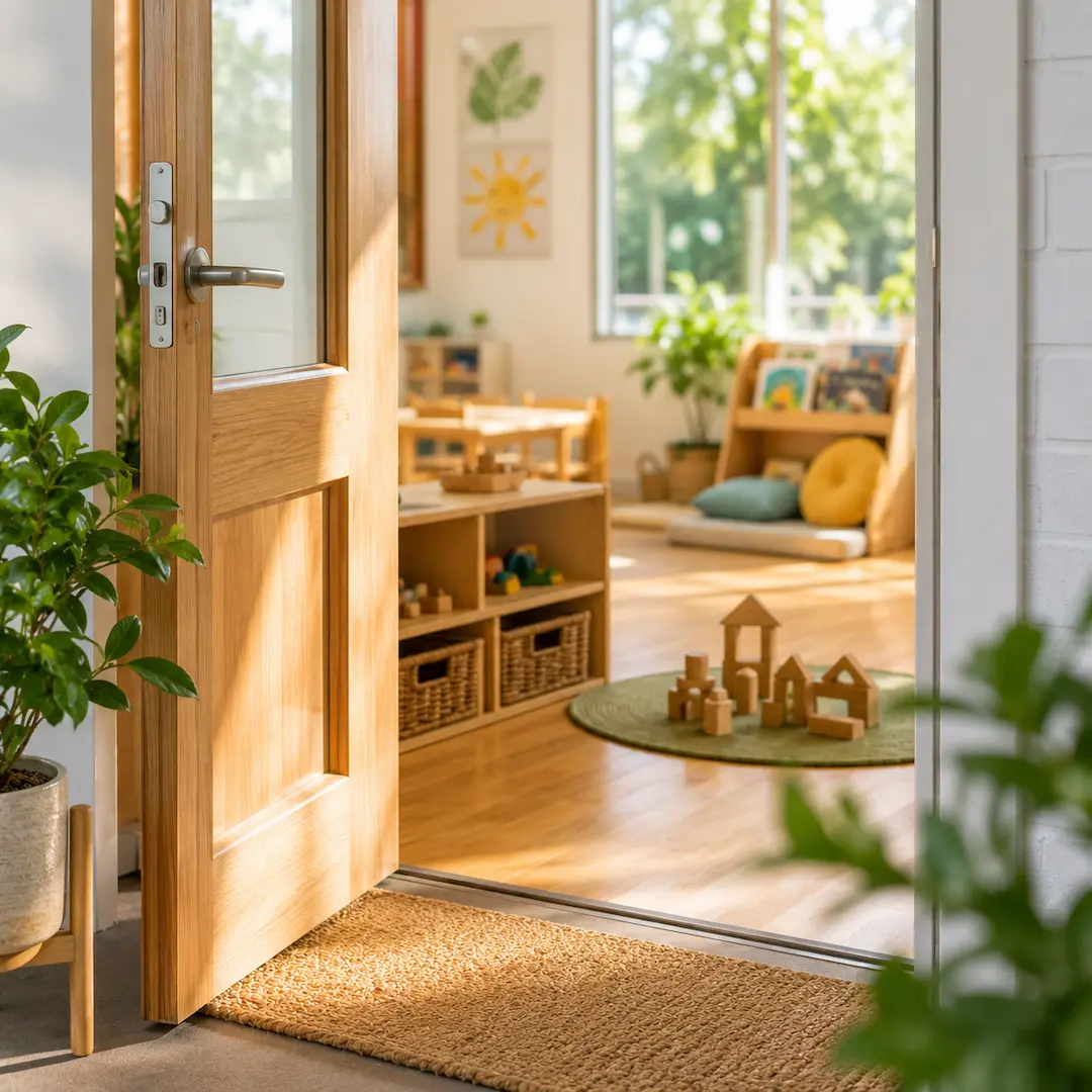 Warm and inviting childcare centre entrance leading into a bright learning space with educational materials and natural play resources.