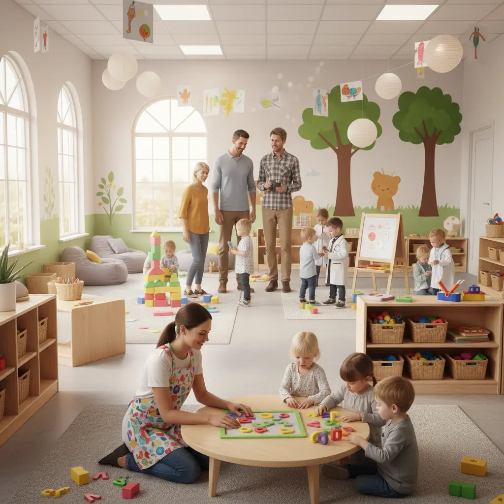 A welcoming childcare center with a teacher interacting warmly with children, parents touring the facility, and children engaged in happy, active play in a calm and inviting atmosphere.