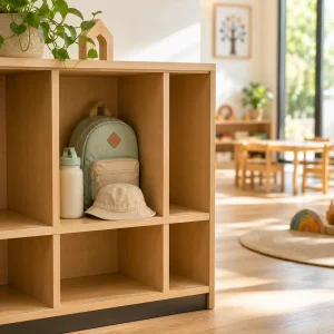Organised childcare cubby storage with backpack, hat, and water bottle in a bright early learning environment designed for a smooth transition to care.