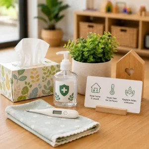 Childcare health and hygiene station with tissues, hand sanitiser, thermometer, and wellness guidance supporting a safe learning environment.