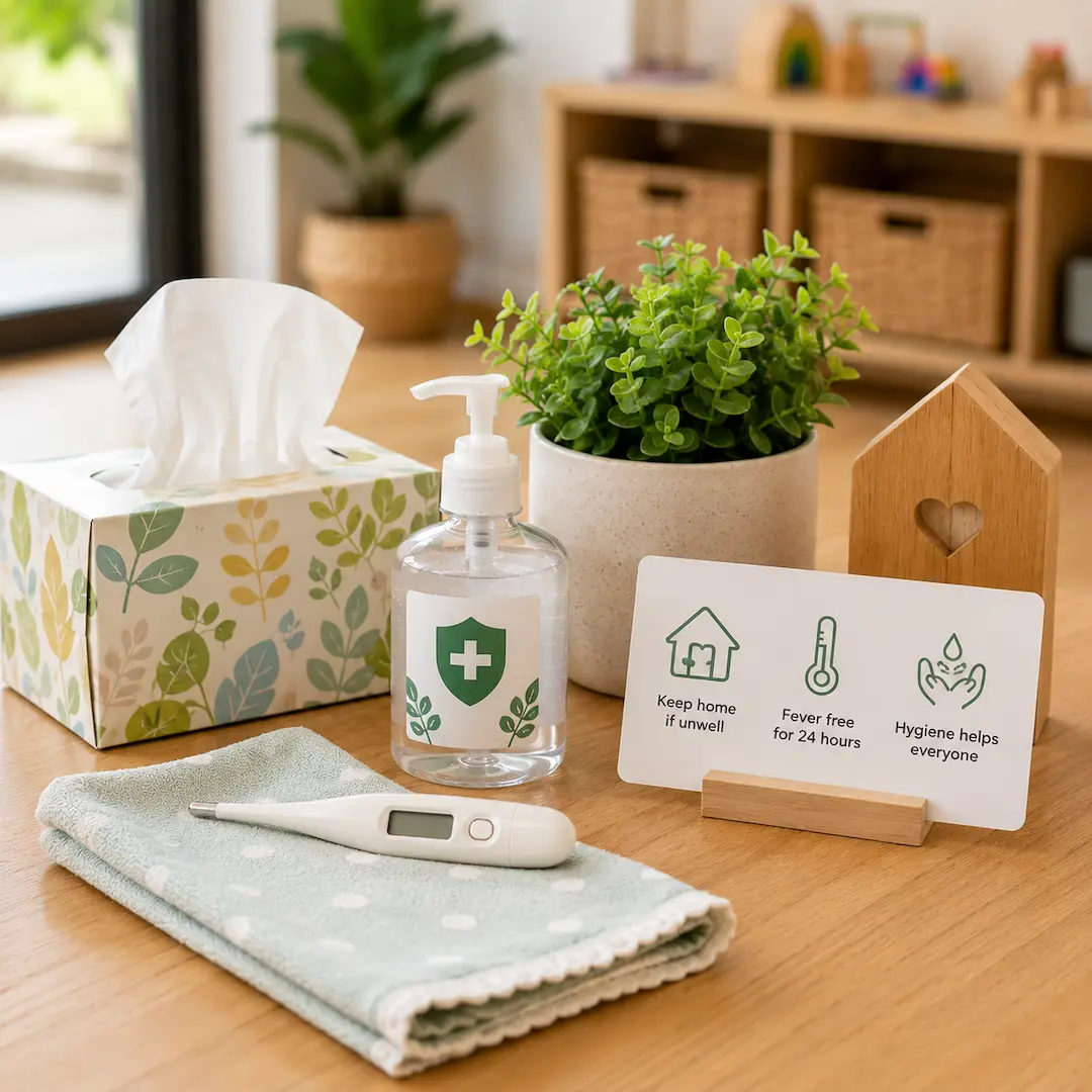 Childcare health and hygiene station with tissues, hand sanitiser, thermometer, and wellness guidance supporting a safe learning environment.