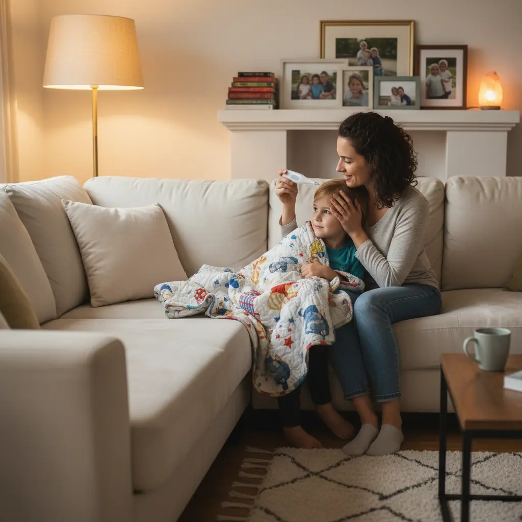 A parent comforting a sick child with a thermometer on a couch in a cozy, warmly lit home.







