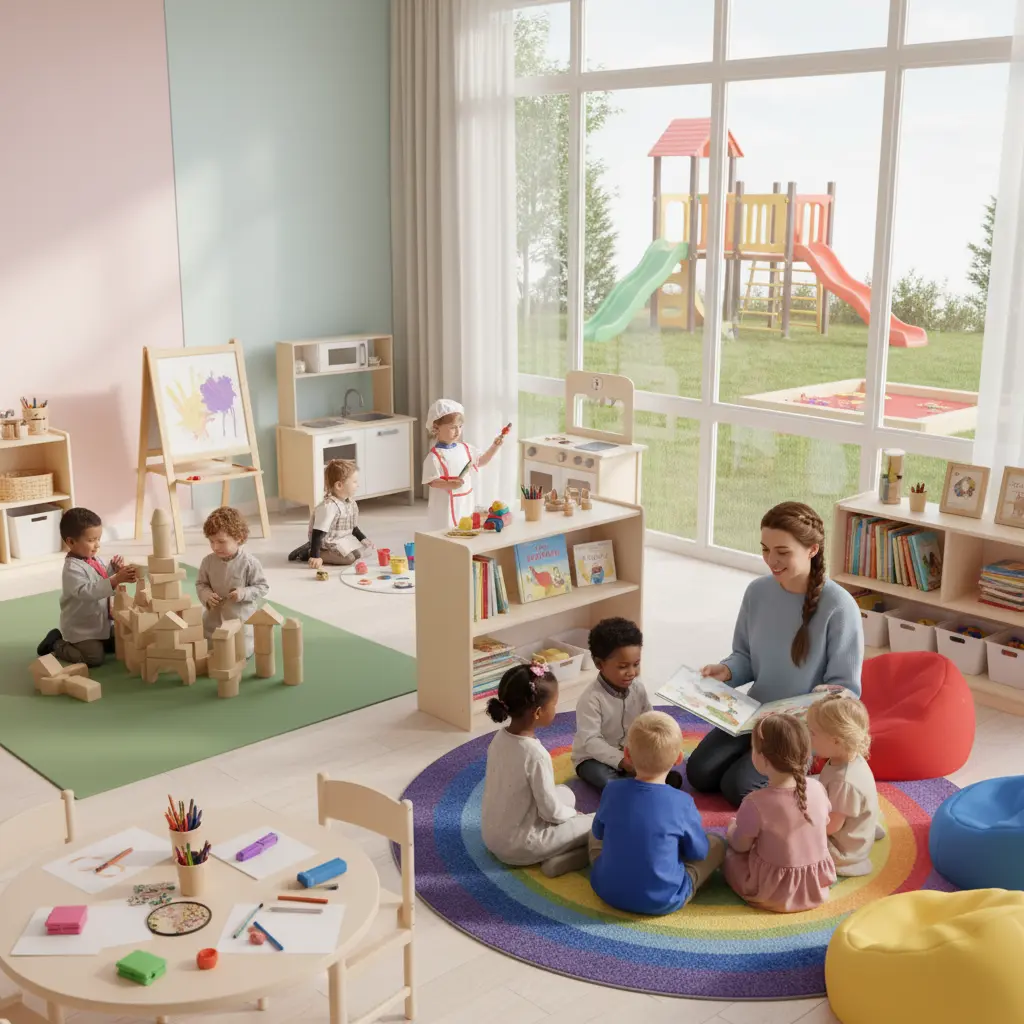 A high-quality childcare center with a caring teacher, organized learning zones, and children engaged in play-based activities like building blocks and role-playing.