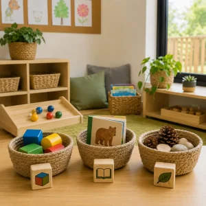 Childcare sorting and choice-making activity using educational materials, books, natural objects, and categorisation resources to encourage independent thinking.