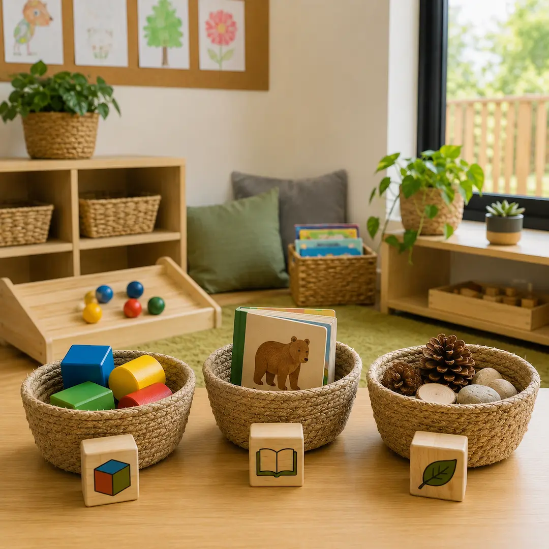 Childcare sorting and choice-making activity using educational materials, books, natural objects, and categorisation resources to encourage independent thinking.