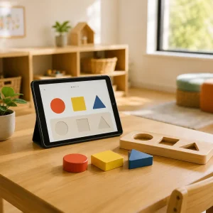 Preschool learning activity combining digital shape recognition on a tablet with hands-on wooden shape sorting for balanced early childhood education.