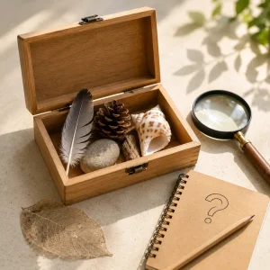 Curiosity-inspired discovery box filled with natural treasures, magnifying glass, and question notebook encouraging exploration and inquiry-based learning.
