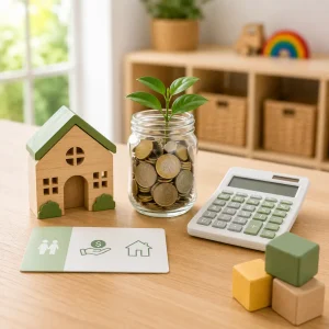 Childcare budgeting concept featuring toy house, savings jar, calculator, and family planning resources representing early learning expenses and financial preparation.