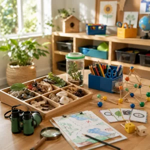 Bright childcare activity table featuring nature exploration materials, creative learning tools, and hands-on discovery resources in a welcoming vacation care environment.