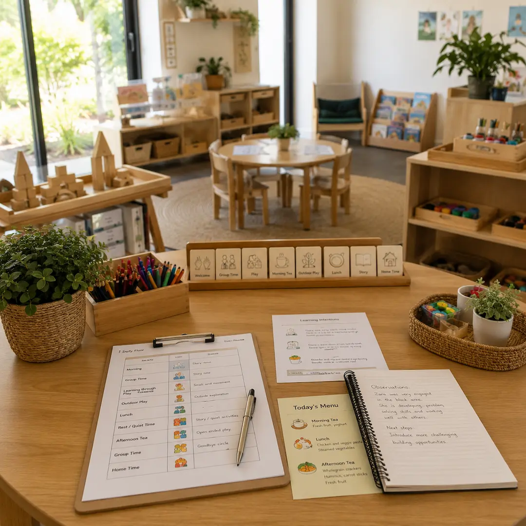 Organised early learning classroom with daily schedules, activity plans, observation notes, and educational resources prepared for children's development.