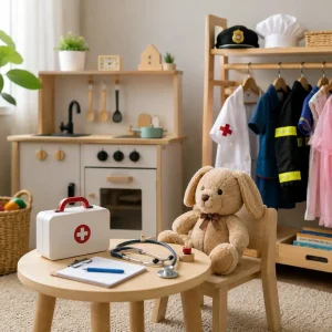 Dramatic play area with career dress-up costumes, toy medical kit, and role-play resources that support imagination and social-emotional learning.