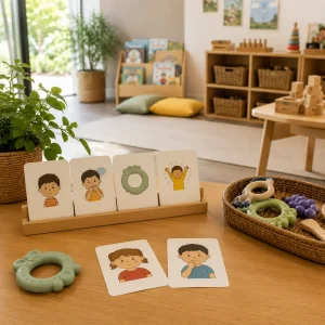 Emotional learning cards and sensory resources arranged in a childcare classroom to support communication, self-regulation, and social development.