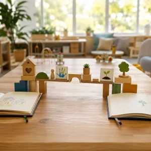 Childcare communication display featuring learning journals, developmental milestones, and educational activities that support strong parent-teacher partnerships.