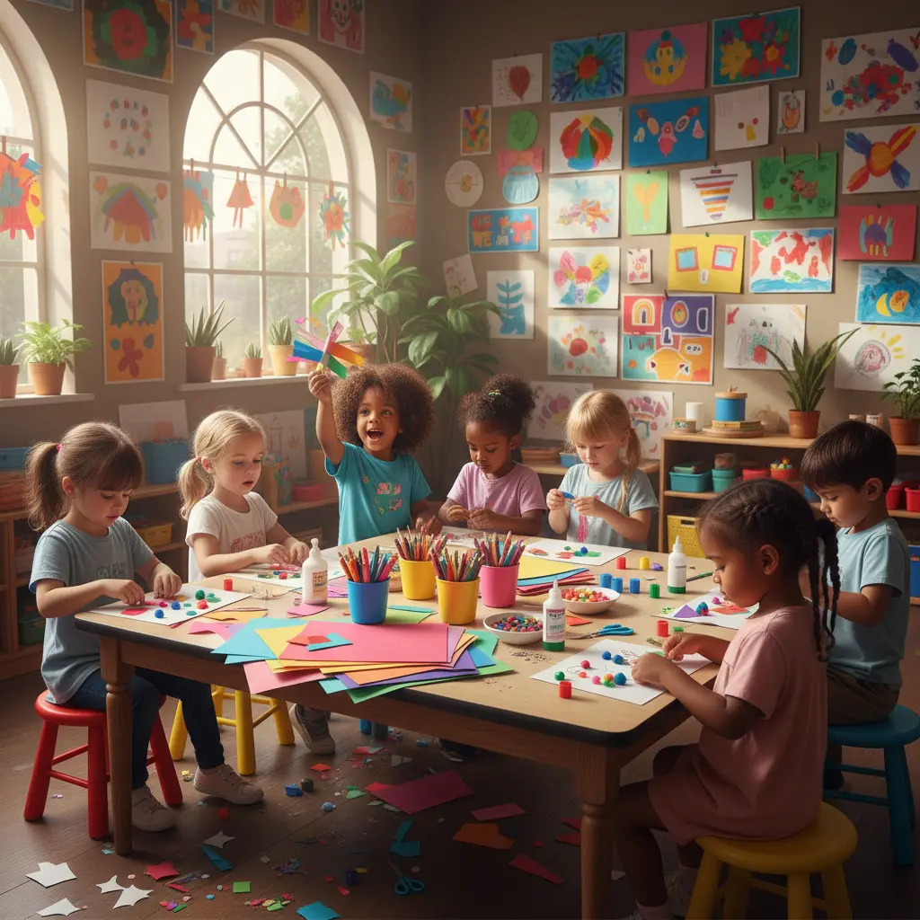 Children enjoying a creative arts and crafts session in a daycare setting in Raceview, using colorful materials to express their creativity and refine motor skills