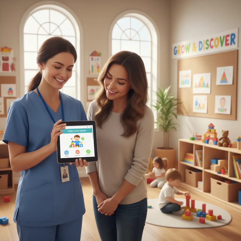 Daycare setting in Heritage Park with an educator showing a parent a digital update on a tablet, highlighting transparency and collaboration.
