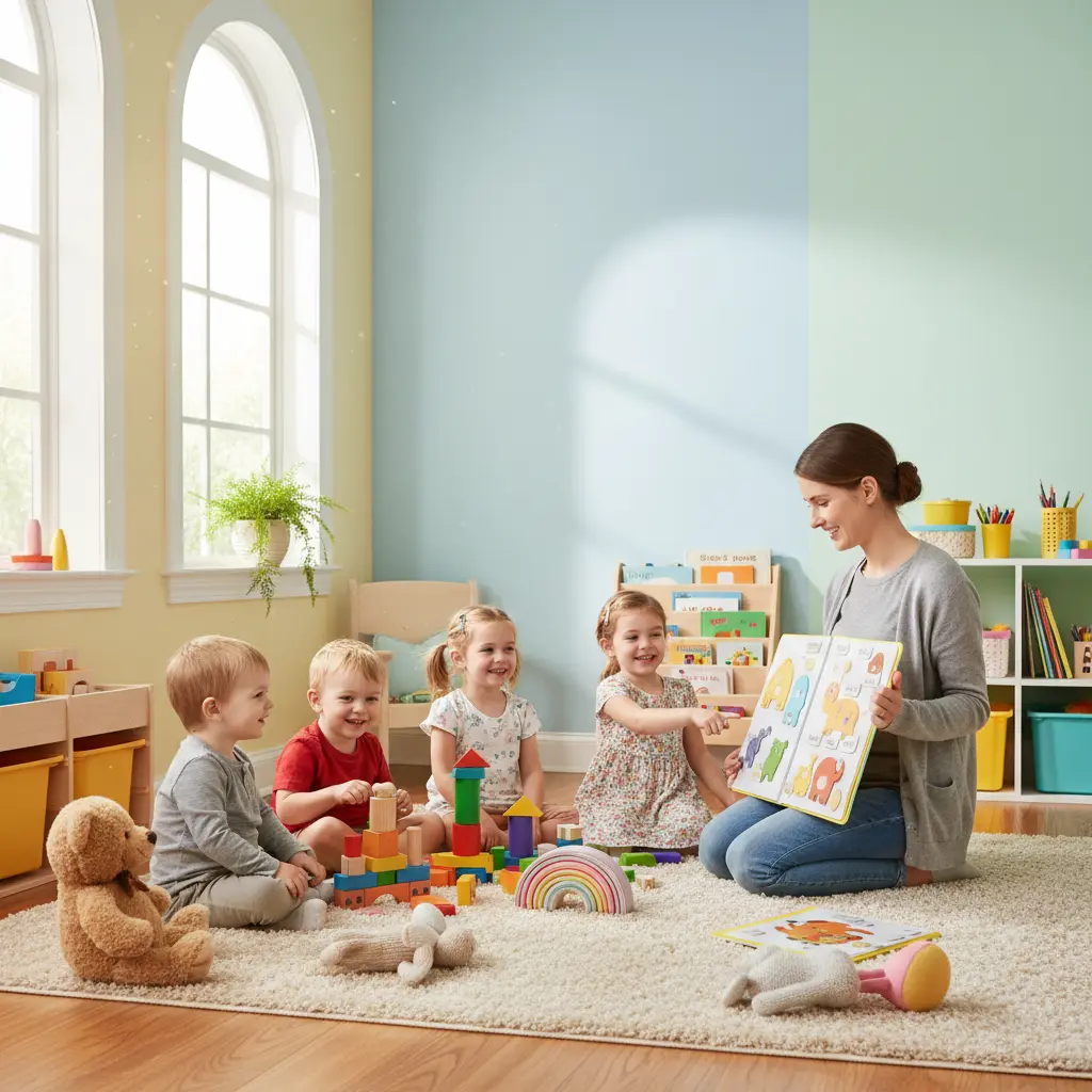 Cozy home-based daycare setting in Raceview with a small group of children playing and an educator providing personalized care.
