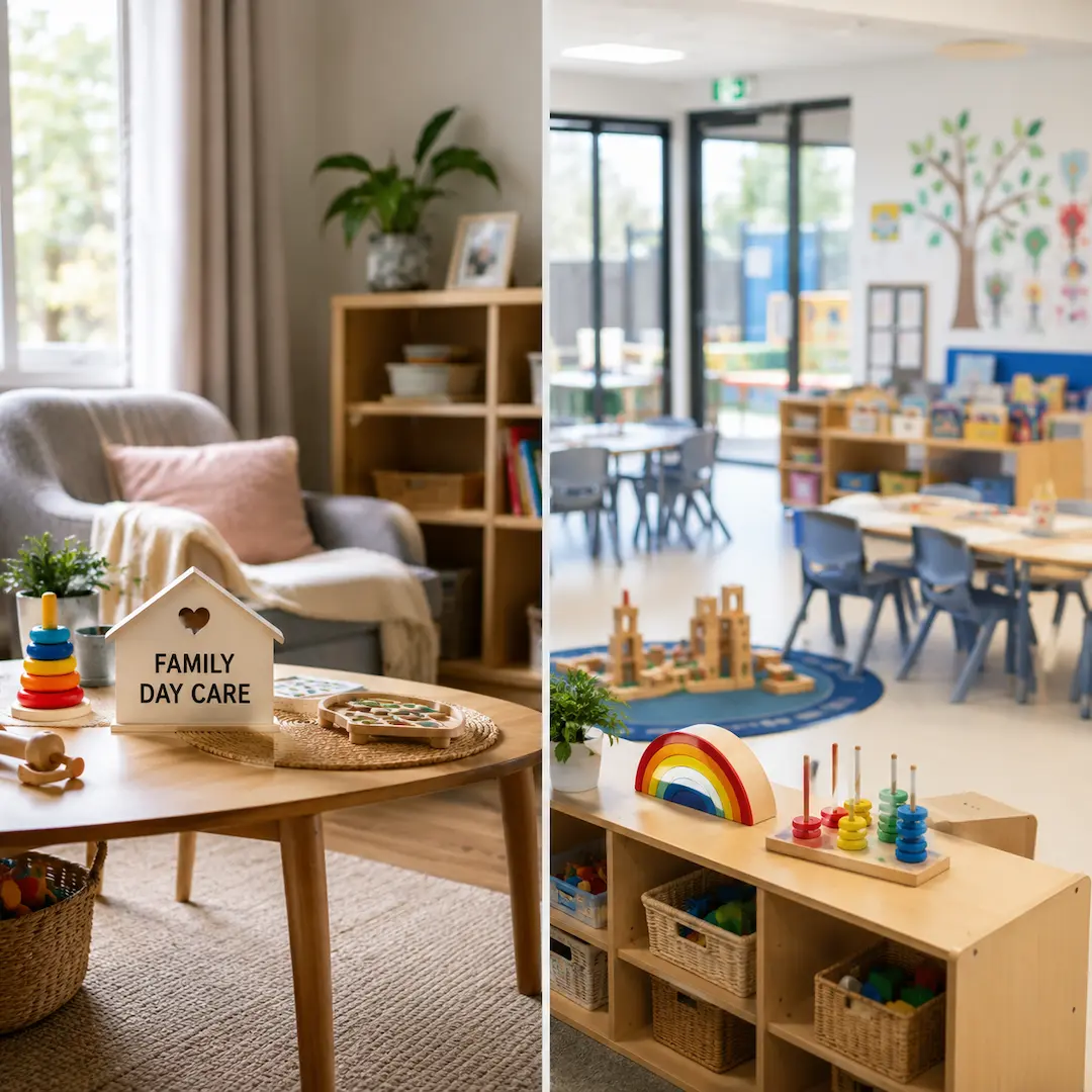 Side-by-side comparison of a home-based family day care setting and a larger long day care classroom with structured learning environments.