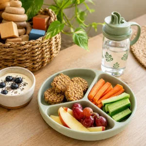 Balanced children's snack plate with fresh fruit, vegetables, oat bites, yoghurt, and water supporting healthy nutrition in childcare.