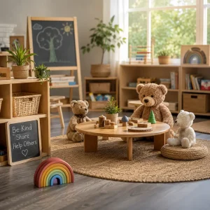 Childcare learning space with shared play materials and group activity setup, representing multi-age learning, peer mentoring, and collaborative development in early childhood education.