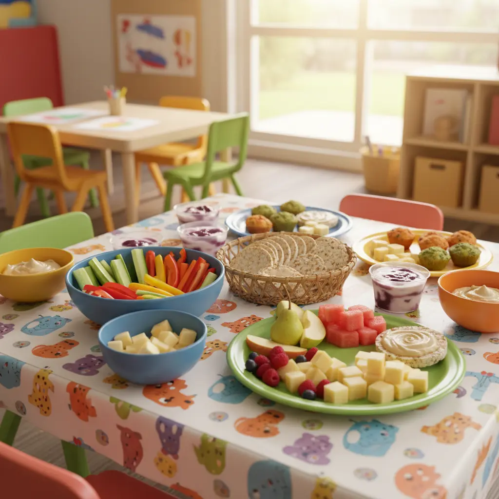 A colorful snack spread featuring veggie sticks, fruit medleys, whole-grain crackers, rice cakes with hummus, yogurt with fruit puree, cheese cubes, and vegetable muffins, designed for children at a childcare center.