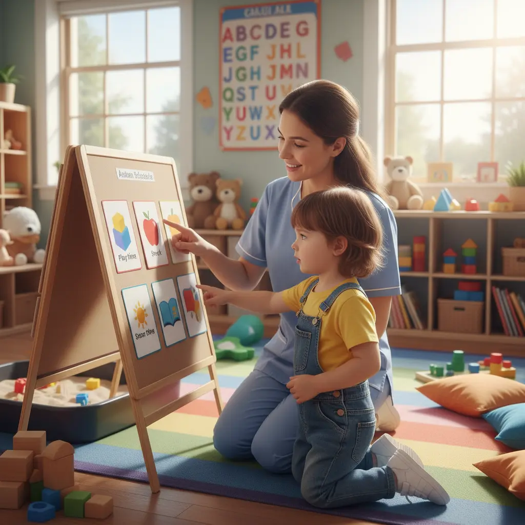 Daycare setting in Raceview with a child using a visual schedule, supported by an educator, highlighting inclusive practices for children with autism.