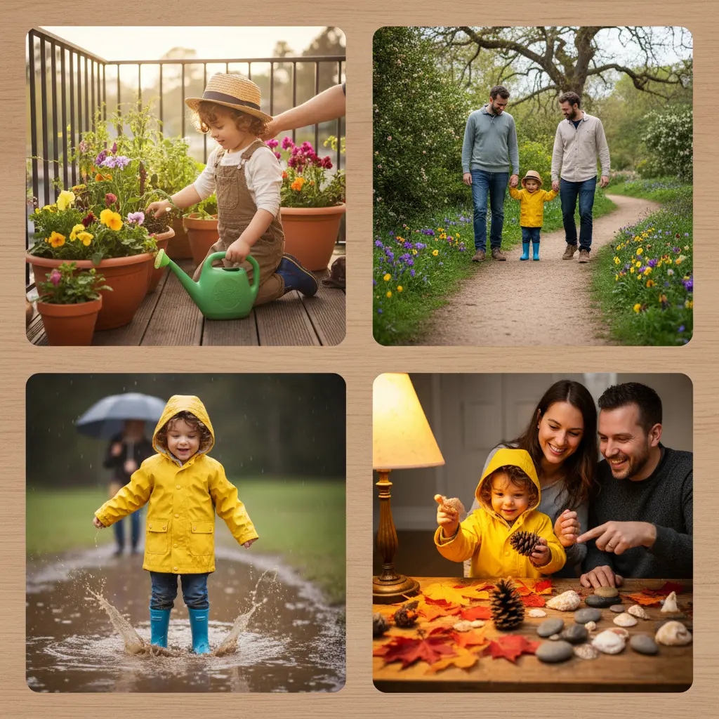 A family engaging in nature play, with a child tending a mini-garden on a balcony, exploring a park, playing in puddles with raincoats, and creating a nature table with collected leaves, rocks, and shells.