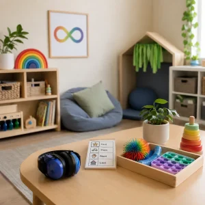 Autism-friendly learning environment featuring visual schedules, sensory resources, quiet spaces, and supportive educational tools.