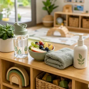 Healthy childcare setup featuring fresh fruit, water bottle, hand hygiene essentials, and wellness resources in a clean early learning space.