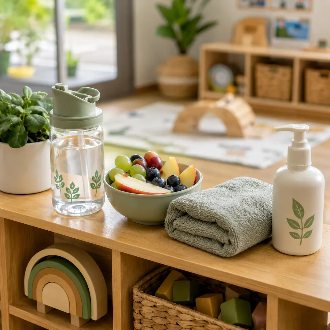 Healthy childcare setup featuring fresh fruit, water bottle, hand hygiene essentials, and wellness resources in a clean early learning space.