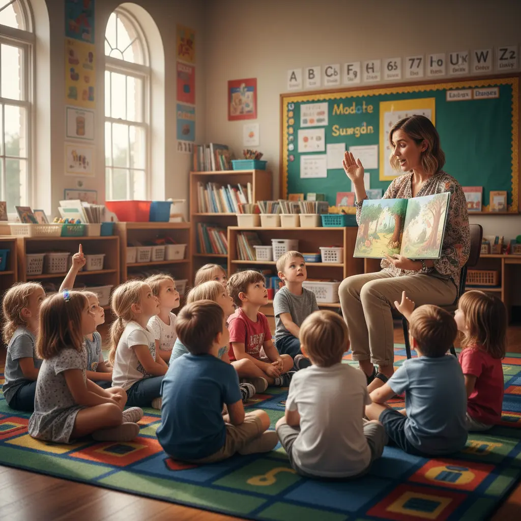 Kindergarten classroom in Heritage Park with children participating in structured group activities like storytime, led by a qualified teacher.