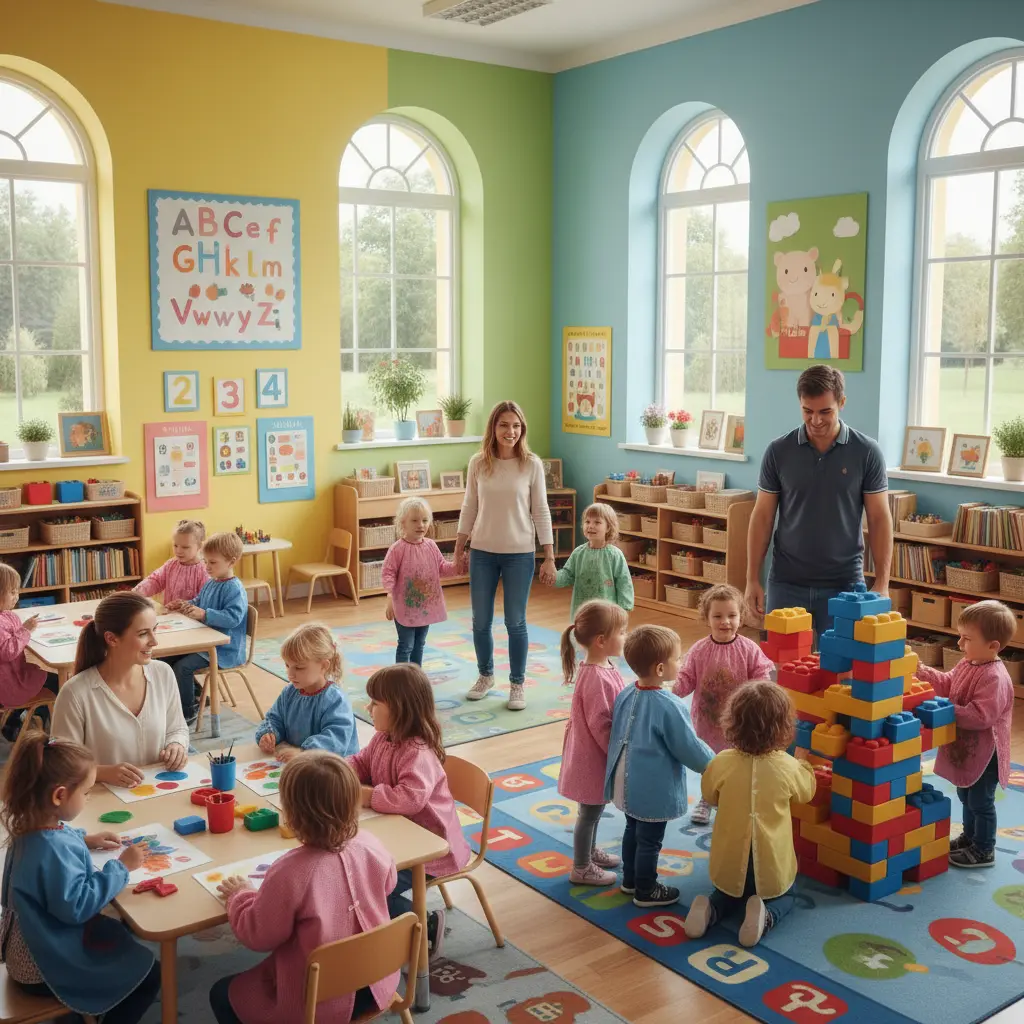 Vibrant daycare center in Heritage Park with children engaged in structured play activities, supervised by qualified educators