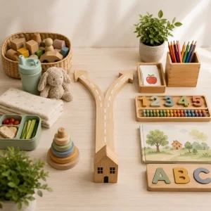 Educational resources arranged around two learning pathways, showcasing childcare essentials, literacy tools, numeracy activities, and school readiness materials.