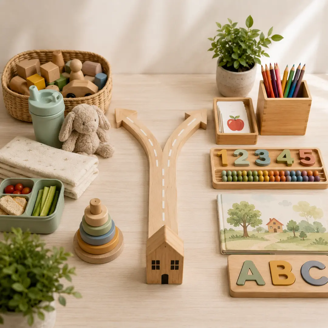 Educational resources arranged around two learning pathways, showcasing childcare essentials, literacy tools, numeracy activities, and school readiness materials.