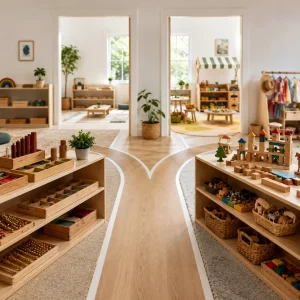 Montessori-inspired classroom with hands-on learning materials, wooden educational resources, and child-led activity stations.