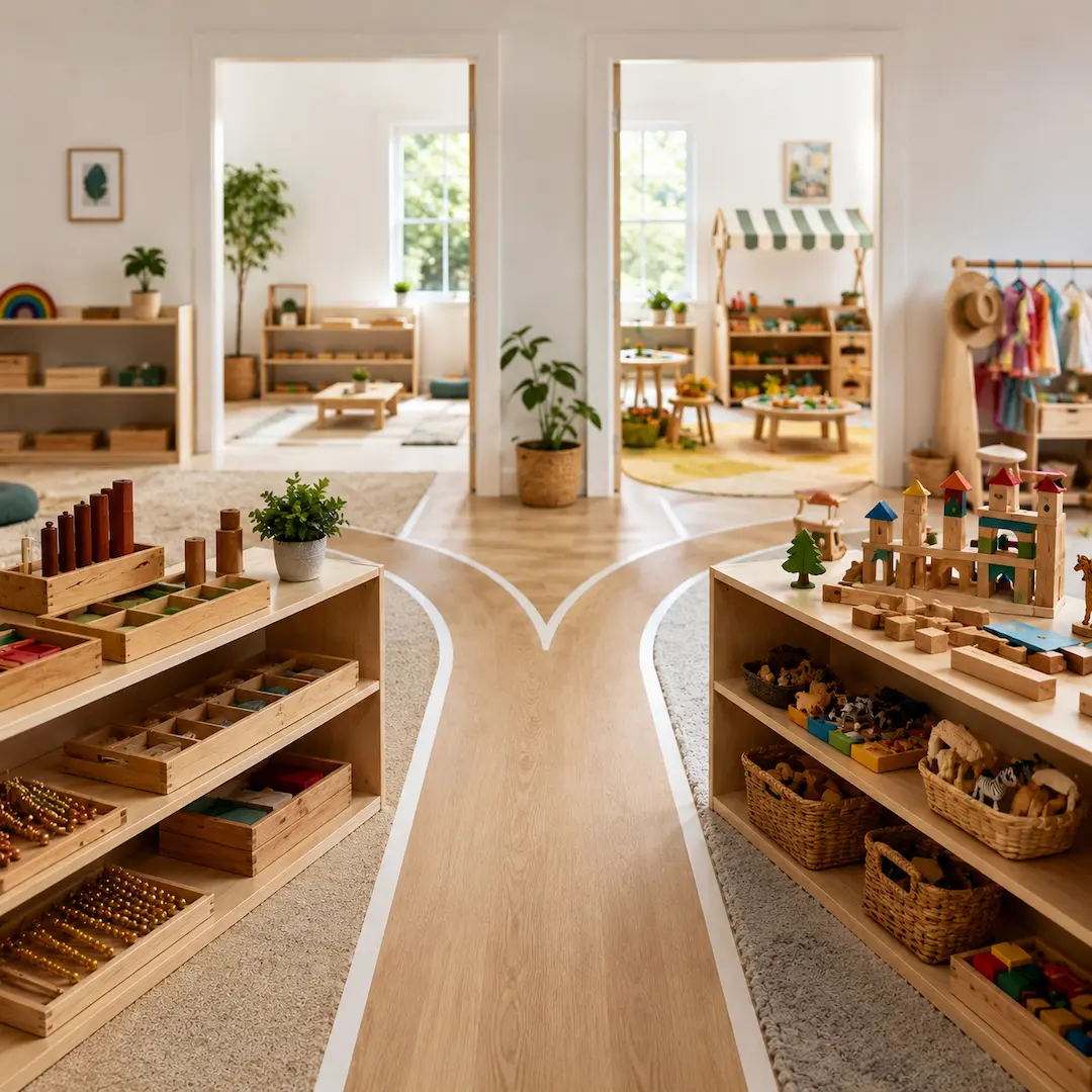 Montessori-inspired classroom with hands-on learning materials, wooden educational resources, and child-led activity stations.