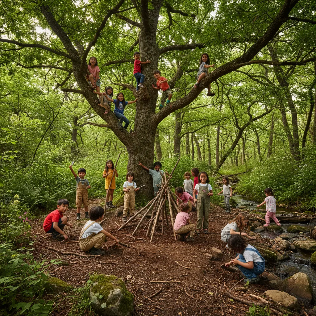 Children engaging in nature play, exploring a forest area, climbing trees, playing with sticks, and interacting with rocks and soil in an unstructured, creative environment