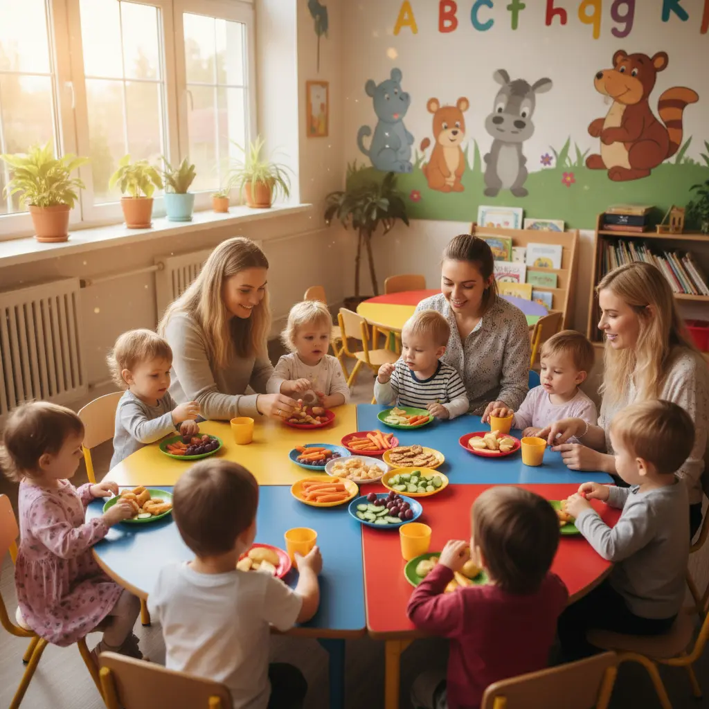 A childcare center mealtime scene with children enjoying colorful, healthy snacks like fruits, vegetables, and crackers, while educators model healthy eating behaviors and engage in conversation